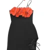 Black and coral red floral appliqué wool-blend strapless choker mini dress set with matching opera gloves