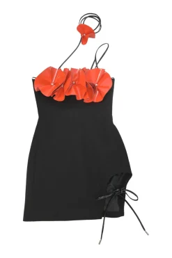 Black and coral red floral appliqué wool-blend strapless choker mini dress set with matching opera gloves