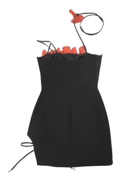 Black and coral red floral appliqué wool-blend strapless choker mini dress set with matching opera gloves
