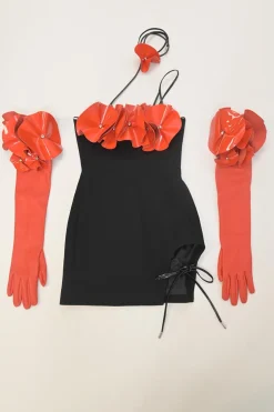 Black and coral red floral appliqué wool-blend strapless choker mini dress set with matching opera gloves