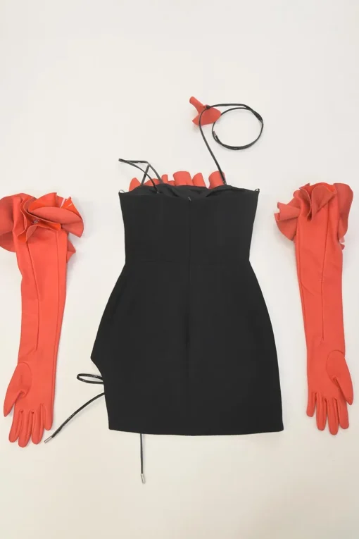 Black and coral red floral appliqué wool-blend strapless choker mini dress set with matching opera gloves