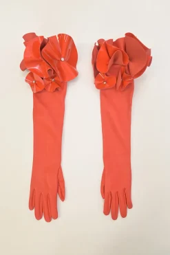 Black and coral red floral appliqué wool-blend strapless choker mini dress set with matching opera gloves