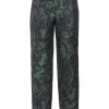 Black and fluo green polyester-silk blend abstract jacquard pull-on high-rise tailored trousers with extended tab closure