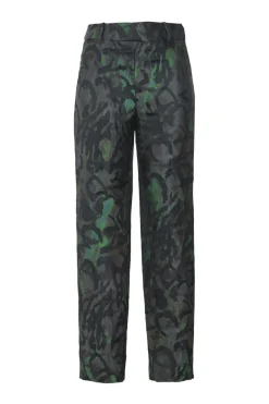 Black and fluo green polyester-silk blend abstract jacquard pull-on high-rise tailored trousers with extended tab closure