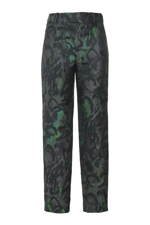 Black and fluo green polyester-silk blend abstract jacquard pull-on high-rise tailored trousers with extended tab closure