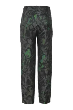 Black and fluo green polyester-silk blend abstract jacquard pull-on high-rise tailored trousers with extended tab closure