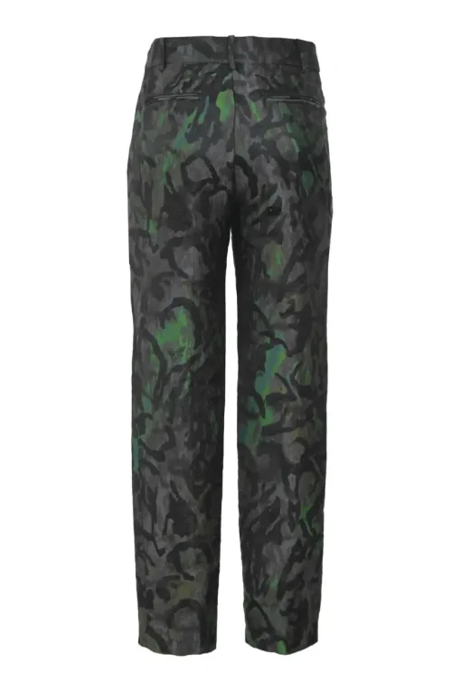 Black and fluo green polyester-silk blend abstract jacquard pull-on high-rise tailored trousers with extended tab closure