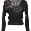 Black and fuchsia floral-embroidered wool V-neck pullover sweater