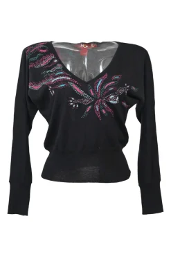 Black and fuchsia floral-embroidered wool V-neck pullover sweater
