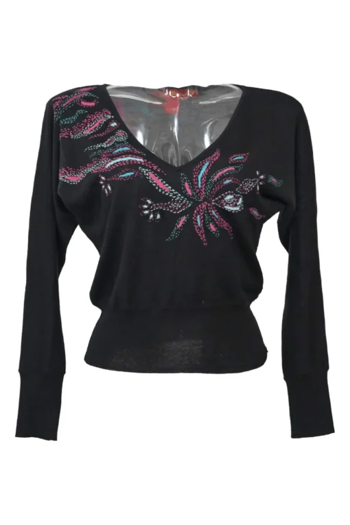 Black and fuchsia floral-embroidered wool V-neck pullover sweater