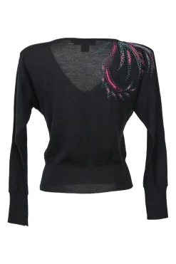 Black and fuchsia floral-embroidered wool V-neck pullover sweater