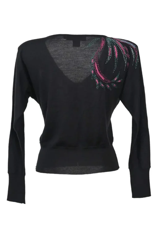 Black and fuchsia floral-embroidered wool V-neck pullover sweater