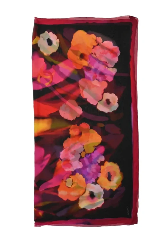 Black and fuchsia semi-sheer silk painterly floral print scarf