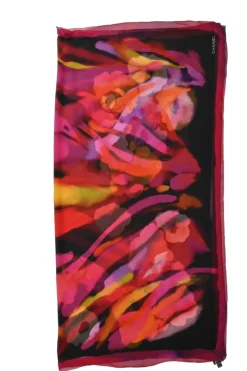 Black and fuchsia semi-sheer silk painterly floral print scarf