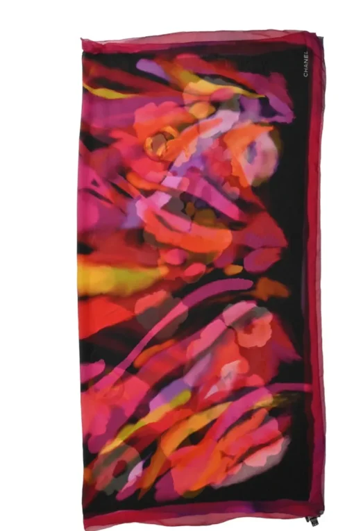 Black and fuchsia semi-sheer silk painterly floral print scarf