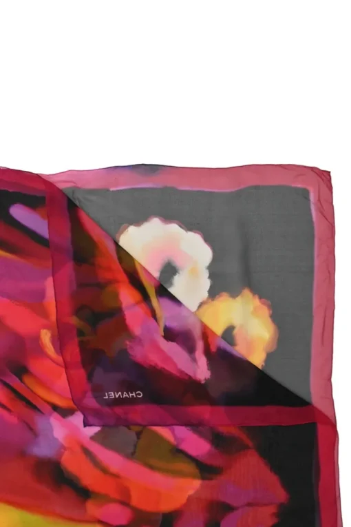 Black and fuchsia semi-sheer silk painterly floral print scarf