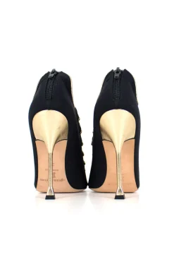 Black and gold peep-toe high-heel bootie exaggerated scalloped cage detail