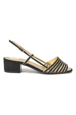 Black and gold suede and foiled lambskin slingback sandals featuring Coco Mark block heel plaque
