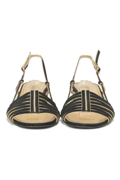 Black and gold suede and foiled lambskin slingback sandals featuring Coco Mark block heel plaque