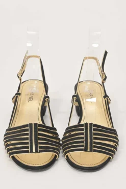 Black and gold suede and foiled lambskin slingback sandals featuring Coco Mark block heel plaque