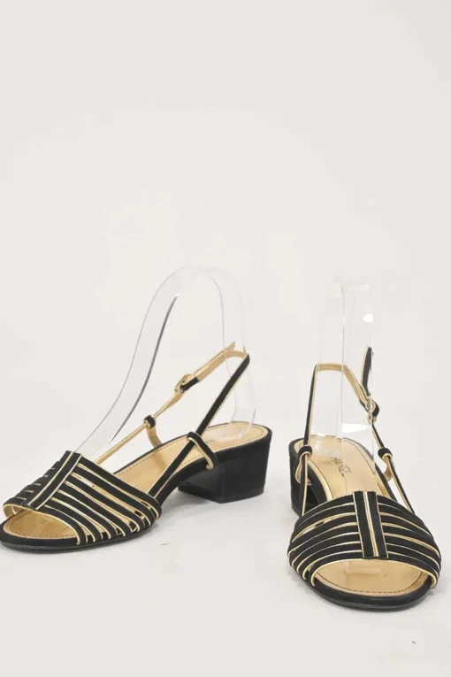 Black and gold suede and foiled lambskin slingback sandals featuring Coco Mark block heel plaque