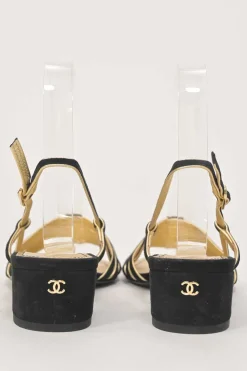 Black and gold suede and foiled lambskin slingback sandals featuring Coco Mark block heel plaque