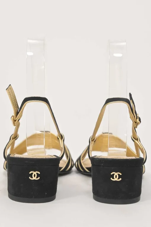 Black and gold suede and foiled lambskin slingback sandals featuring Coco Mark block heel plaque