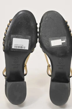 Black and gold suede and foiled lambskin slingback sandals featuring Coco Mark block heel plaque