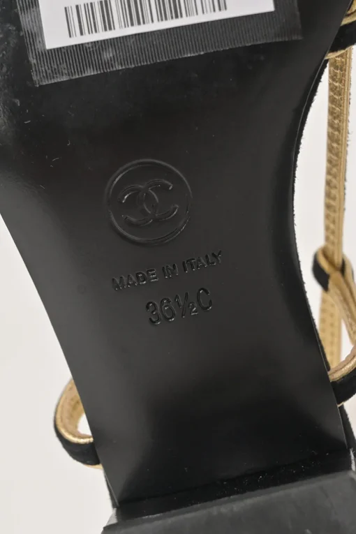 Black and gold suede and foiled lambskin slingback sandals featuring Coco Mark block heel plaque