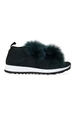 Black and green shimmer 'Norway' knit sneakers with fur pom pom