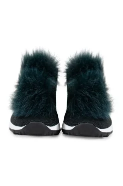 Black and green shimmer 'Norway' knit sneakers with fur pom pom