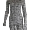Black and grey wool-blend off-shoulder woven look jacquard knit cycling style onesie