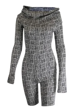 Black and grey wool-blend off-shoulder woven look jacquard knit cycling style onesie