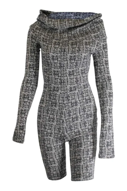 Black and grey wool-blend off-shoulder woven look jacquard knit cycling style onesie