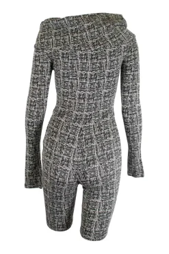 Black and grey wool-blend off-shoulder woven look jacquard knit cycling style onesie