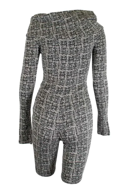 Black and grey wool-blend off-shoulder woven look jacquard knit cycling style onesie