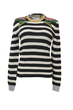Black and ivory floral-embroidered cashmere-blend racked rib knit crewneck pullover sweater