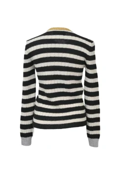 Black and ivory floral-embroidered cashmere-blend racked rib knit crewneck pullover sweater