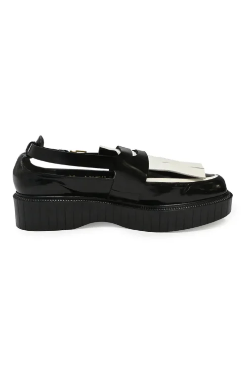 Black and ivory polished calfskin creeper-style cutout penny loafers