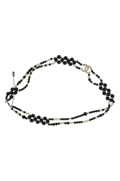 Black and ivory resin and faux pearl beaded double-strand belt with Coco Mark charm buckle