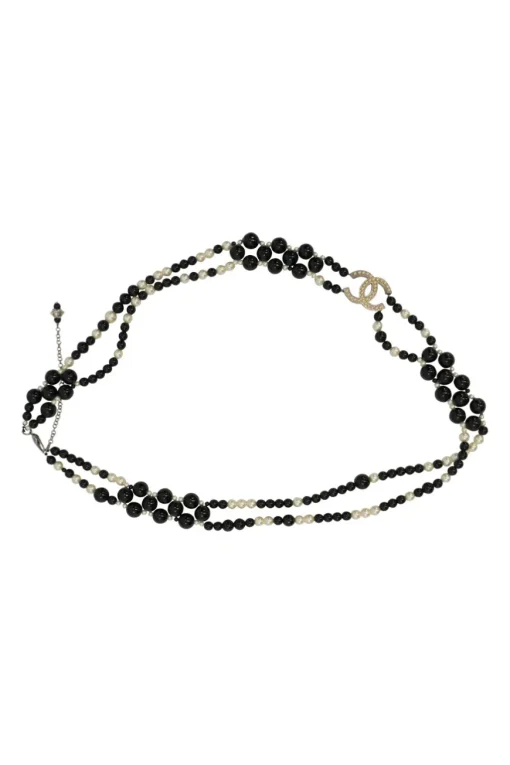 Black and ivory resin and faux pearl beaded double-strand belt with Coco Mark charm buckle