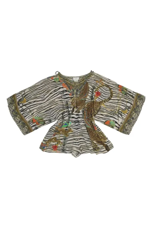 Black and ivory silk novelty zebra print cold-shoulder dolman sleeve romper with elasticated waist