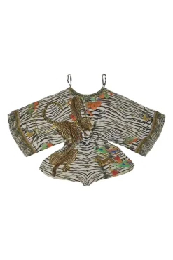 Black and ivory silk novelty zebra print cold-shoulder dolman sleeve romper with elasticated waist