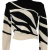 Black and ivory wool fully-fashioned abstract intarsia knit turtleneck pullover sweater with wavy hem