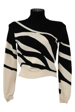 Black and ivory wool fully-fashioned abstract intarsia knit turtleneck pullover sweater with wavy hem