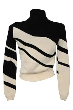 Black and ivory wool fully-fashioned abstract intarsia knit turtleneck pullover sweater with wavy hem