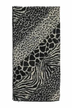 Black and ivory wool-silk blend semi-sheer patchwork animal print fringe scarf