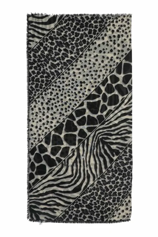 Black and ivory wool-silk blend semi-sheer patchwork animal print fringe scarf