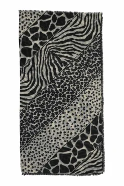 Black and ivory wool-silk blend semi-sheer patchwork animal print fringe scarf