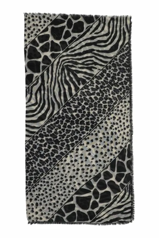 Black and ivory wool-silk blend semi-sheer patchwork animal print fringe scarf